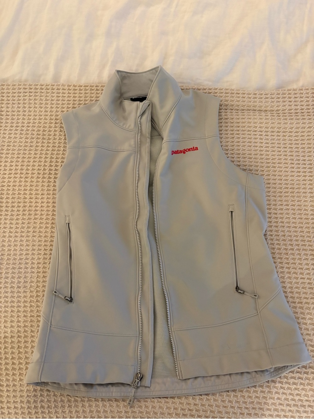Patagonia Light Gray/Beige Softshell Vest with Red Logo